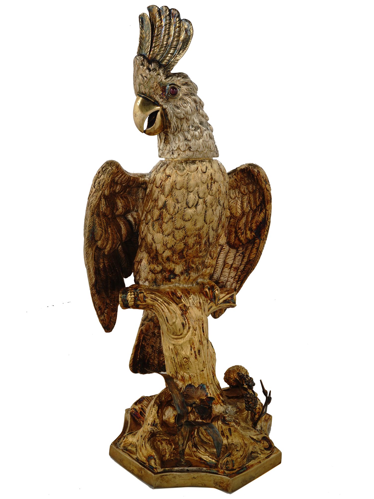 GILT SILVER PARROT FIGURAL DECANTER W RUBY EYES PIC-0